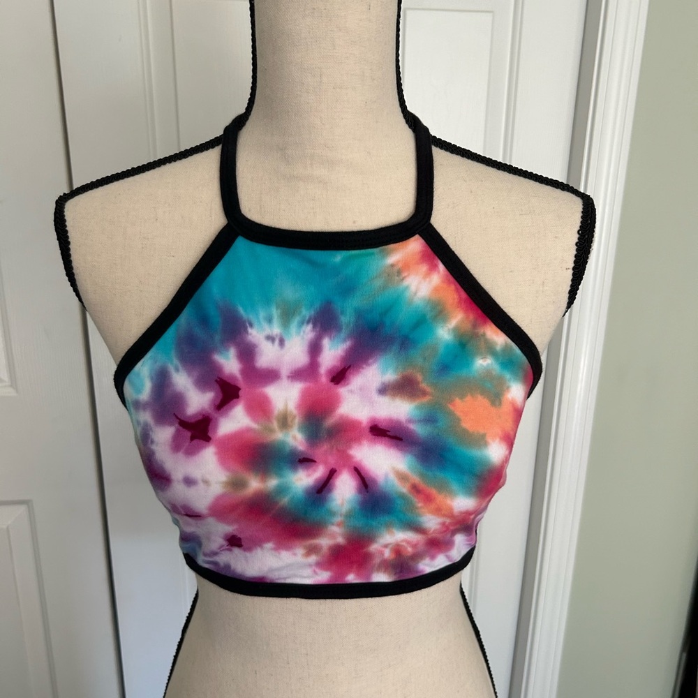Tie Dyed Cotton Halter Crop Top Open Back Hippie Rave Concert